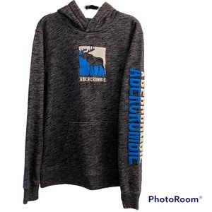 Boys Abercrombie grey pull over hoodie XL with a sleeve logo raised/embroidered